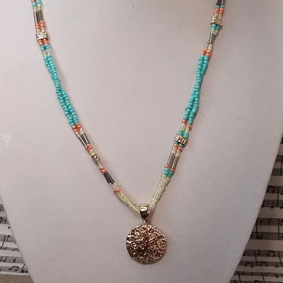 Multi Color Seed Bead Sand Dollar Pendant Necklace 18" Long - Picture 1 of 8